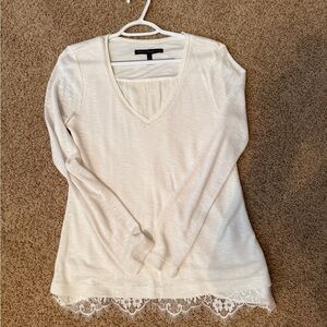 White House Black Market Ivory V-Neck Long Sleeve Top with Lace Hem